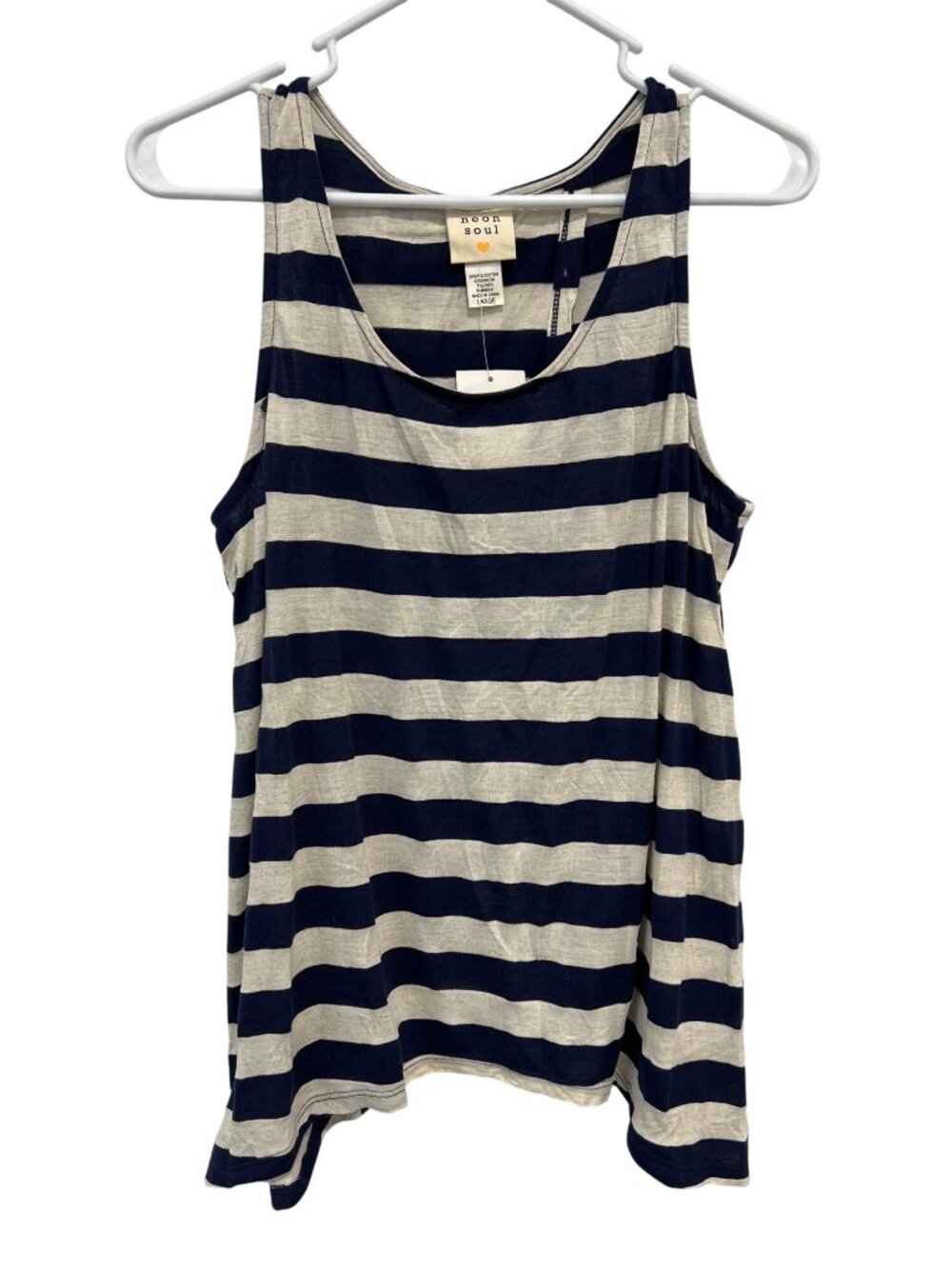 Neon Soul Tank Top Large Striped Sleeveless Navy Blue White Coastal Nautical NEW